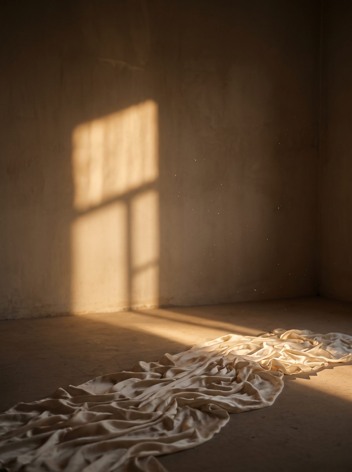 Dawn light falling across ivory silk in an empty room