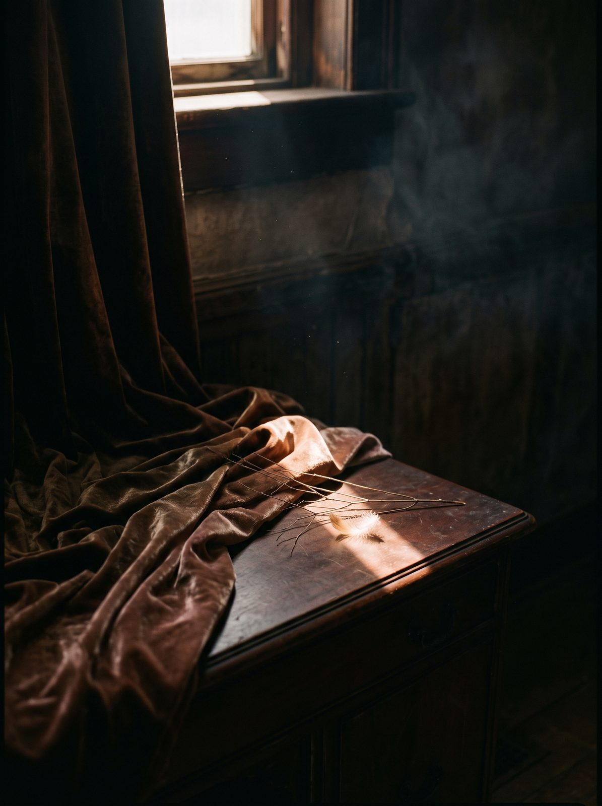 Dark velvet folds in a narrow blade of warm light, a single feather