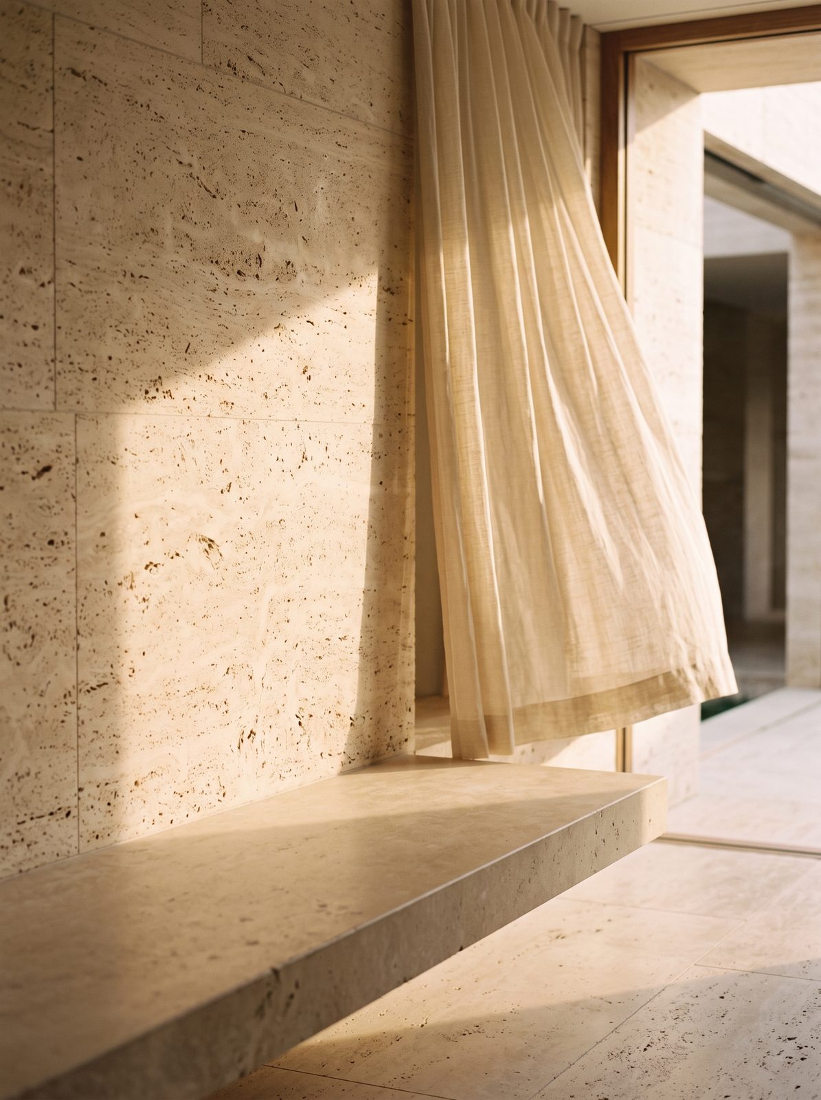 Golden afternoon light on an empty travertine ledge