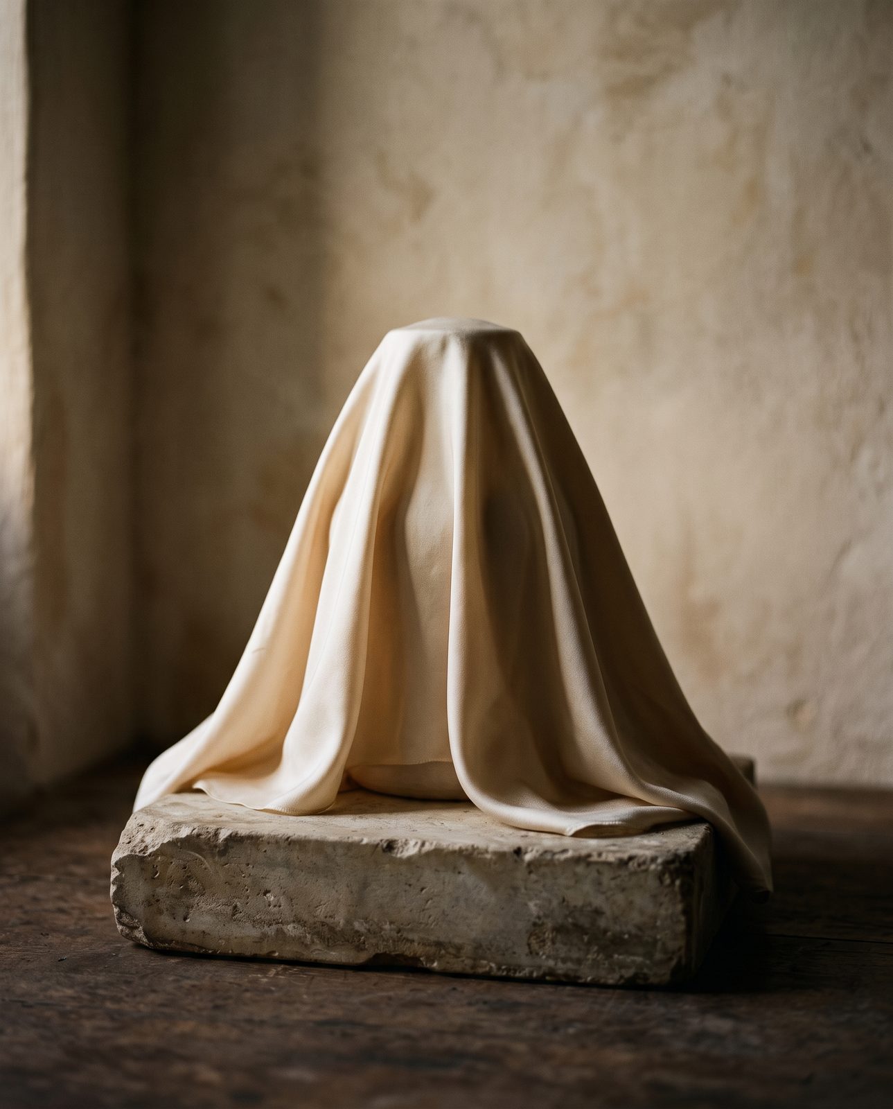 An object hidden beneath draped ivory silk on a stone plinth